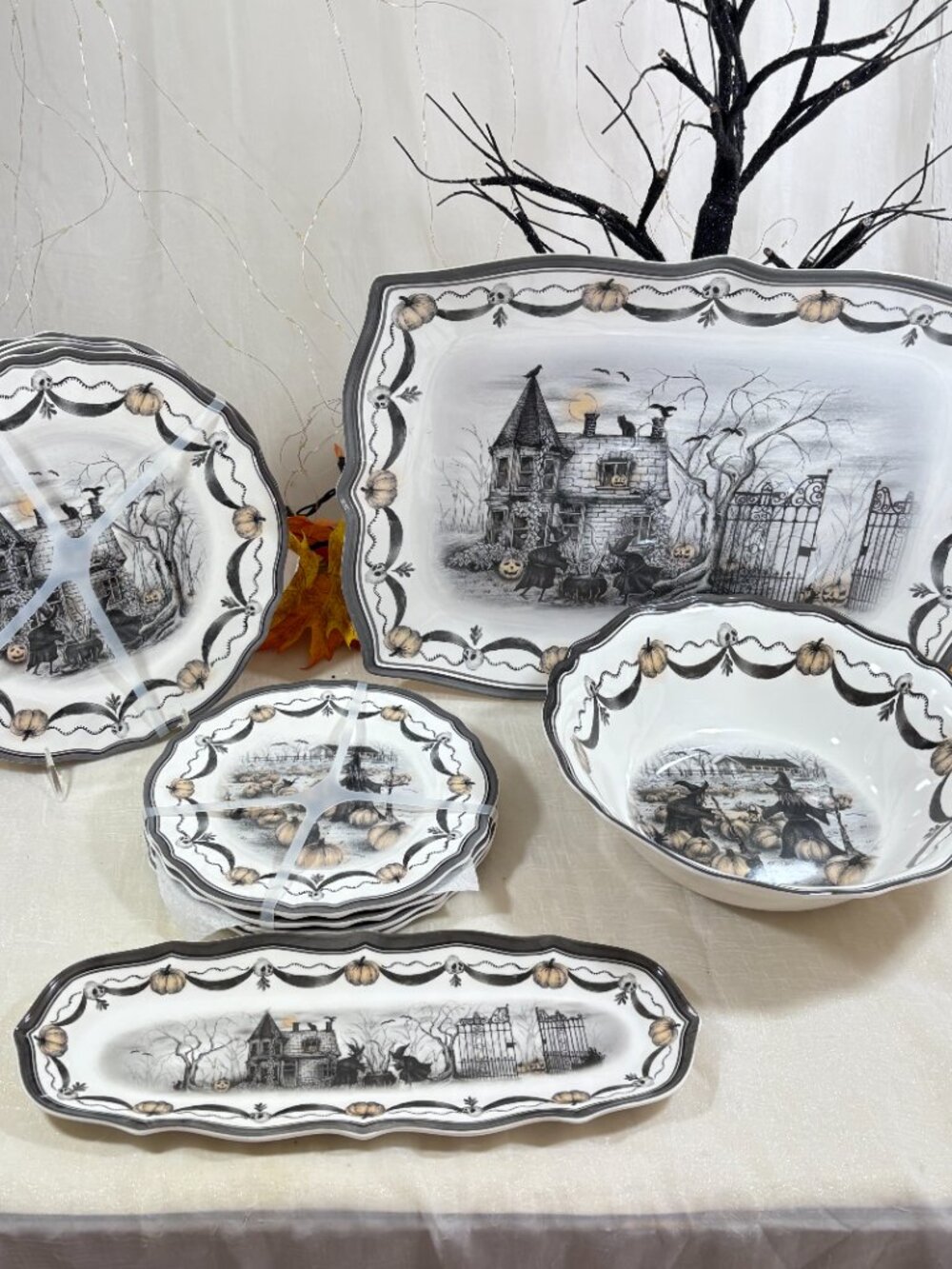 Halloween Melamine Witch Coven Cat Dinner & Salad Plates & 3 Serving 11 PC Set